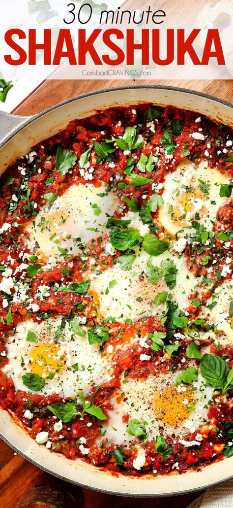 This Shakshuka recipe is an EASY, healthy, 30-minute, irresistible one pot wonder celebrated for its bold flavors and versatile nature - LOTS of variations included! #breakfast #breakfastrecipe #breakfastrecipes #brunch #brunchrecipe #brunchrecipes #healthyeating #healthyrecipe #healthyrecipes #healthylifestyle #eggs #eggrecipe #eggrecipes #shakshuka #shakshukarecipe Shashuksha Eggs, Shakshuka Recipe Traditional, Shrimp Pasta Recipe, Cravings Recipes, One Pot Wonder, Shakshuka Recipe, Pan Dishes, Cajun Shrimp Pasta, Shakshuka Recipes