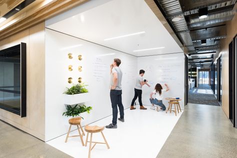 writable walls - office - meeting space - collaboration - whiteboard wall Coworking Space Design, Whiteboard Wall, Innovative Office, Commercial And Office Architecture, Cool Office Space, Corporate Office Design, South Melbourne, Australian Interior Design, Office Space Design