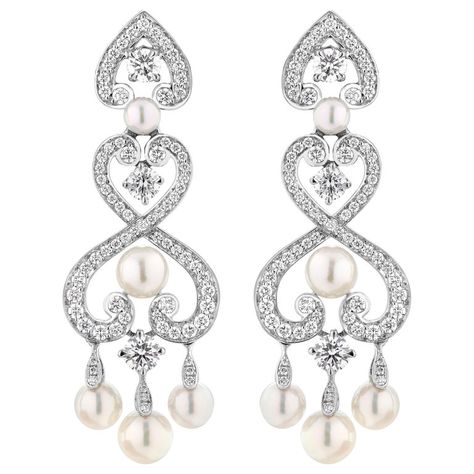 Garrard Earrings, Ornate Filigree Diamond White Jewelry, Luxury Diamond White Filigree Jewelry, Luxury Ornate Pearl Drop Jewelry, Luxury White Baroque Earrings, Gold Diamond Drop Earrings, White Gold Drop Earrings, White Gold Diamond Earrings, White Pearl Earring