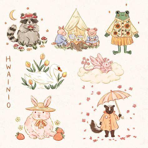 Cottagecore Cute Drawing, Cottagecore Animal Drawing, Animal Doodles Aesthetic, Cute Cottagecore Art, Cottagecore Drawing Ideas, Cottagecore Doodles, Cottagecore Illustration, Watercolor Kawaii, Cottagecore Art