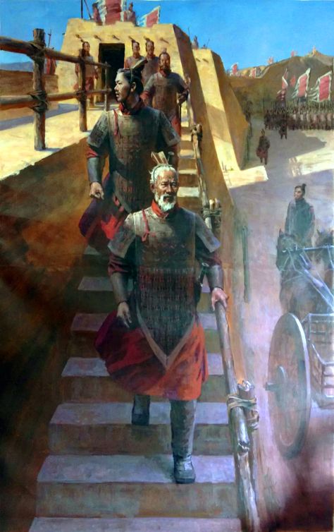 General Lian Po and Zhao Kuo inspecting a fortified defence at the Battle of Changping against the State of Zhao, Warring States Period, Ancient China Chinese Armor, Chinese Warrior, Warring States Period, Terracotta Warriors, Ancient Warfare, Historical Artwork, Medieval World, Asian History, Chinese History