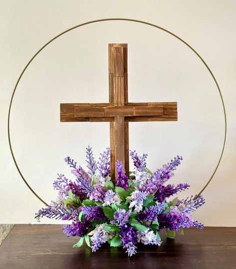 Pastor Centerpiece Ideas, Dollar Tree Wooden Cross Crafts, Cross Christmas Tree Diy, Wreaths With Crosses, Diy Cross Flower Arrangement, Church Centerpiece Ideas, Diy Floral Picks, Dollar Tree Flower Arrangements Diy, Dollar Tree Cross Wreath Ideas