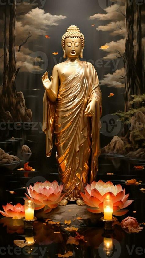 a golden statue of buddha stands with lotus generative AI Golden Buddha Statue, Standing Buddha Statue, Statue Of Buddha, Golden Statue, Standing Buddha, Eagle Images, Gautam Buddha, Golden Buddha, Om Mani Padme Hum