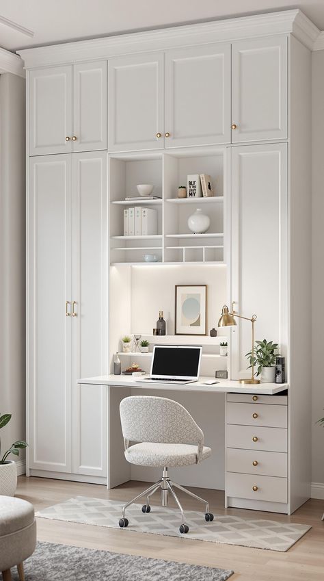 Hidden Desk Ideas Built In With Pull Out Desk, Hidden Desktop Computer, Hidden Desk In Cabinet, Murphy Bed With Built-in Desk Ideas, Desk Wardrobe Combination, Desk Against Window, Hidden Computer Desk, Hidden Desks, Hidden Desk Ideas