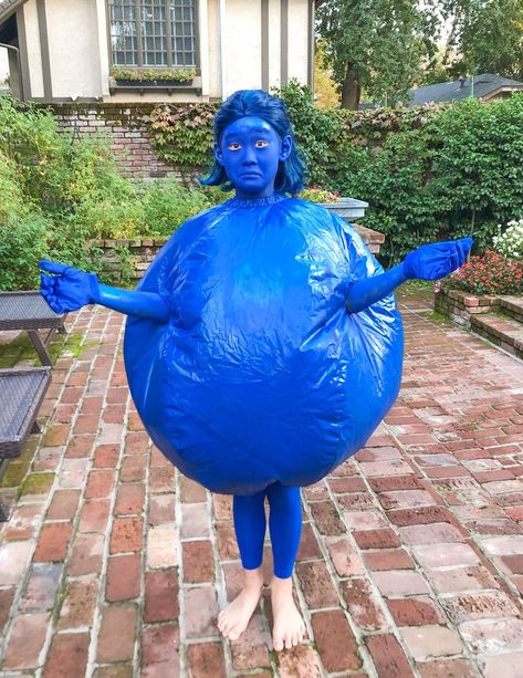 Blue wig, Blue man face paint, blue gloves and tights, and a blue spray painted blow up globe costume. Blueberry Costume, Blueberry Girl, Blue Spray Paint, Paint Blue, Charlie And The Chocolate Factory, Blue Gloves, Man Face, Blue Wig, Basic Makeup