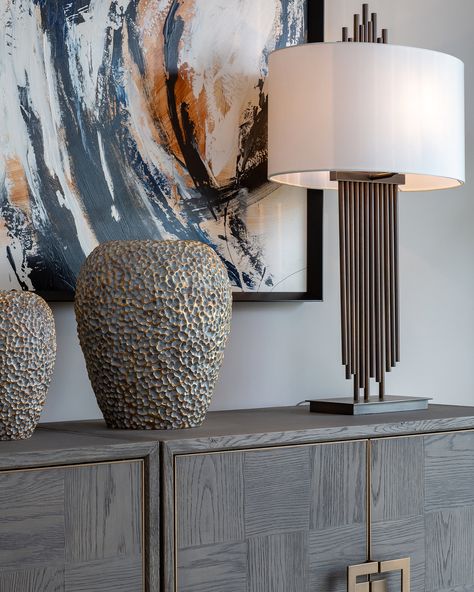 These exquisite honeycomb-hive effect vases in grey and gold are vibrantly ignited by the fiery abstract art behind, whilst the elegant RV Astley Vienna lamp adds a touch of serenity to our design. Insulated Cat House, Rv Astley, Winter Interior Design, Timeless Interior, Interior Design Color, Best Interior Design, Making Room, Interior Design Trends, Grey And Gold