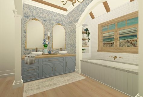 Bloxburg Beach Bathroom Ideas, Beach House Color Palette Bloxburg, Bathroom Ideas For Bloxburg, Costal Bathroom Bloxburg Ideas, Coastal Teen Bathroom Bloxburg, Bloxburg Beach House Bathroom Ideas, Coastal Pantry Bloxburg, Small Coastal Bloxburg House, Beach House Bathroom Bloxburg