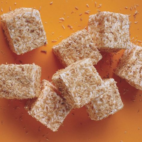 We often relegate marshmallows to a hot-chocolate topper, but these coconut treats definitely deserve to be offered up solo. Each pillowy square is surrounded by a flurry of toasted coconut. And since they keep for          a month, they can be made well in advance of the holiday rush. Marshmallow Squares, Coconut Squares, Chocolate Toppers, How To Make Marshmallows, Square Recipes, Recipes With Marshmallows, Homemade Marshmallows, Christmas Candy Recipes, Edible Gifts