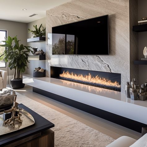 30 Stylish Fireplace Ideas to help you design instantly Modern Family Room With Fireplace, Stone Wall With Electric Fireplace, Linear Modern Fireplace, Long Linear Fireplace, Wall Tv Fireplace Ideas, Lounge With Fireplace And Tv, Modern Built In Electric Fireplace, Long Wall Fireplace Ideas, Entertainment Wall Living Room