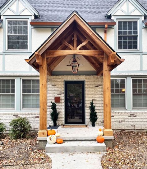 1930 Tudor Update - Heritage Haus Tudor Exterior Makeover, Tudor Exterior, Tudor Home, Split Foyer, Brick Columns, Home Makeovers, Copper Lantern, Exterior Makeover, Tudor House