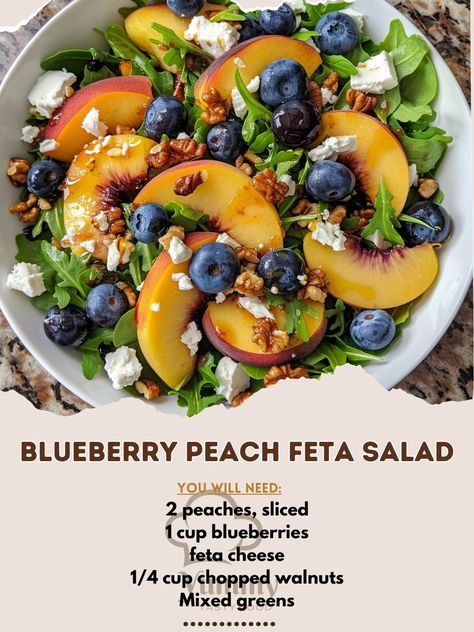 🍑💙 Freshen up your meal with a Blueberry Peach Feta Salad. It's summery, light, and bursting with flavor! #SummerSalad #FreshTaste 🍽️ Blueberry Peach Feta Salad 🛒 Ingredients: 2 peaches, sliced 1 cup blueberries 100 grams feta cheese, crumbled 1/4 cup chopped walnuts Mixed greens (spinach, arugula) 2 tablespoons olive oil 1 tablespoon balsamic vinegar Salt and pepper to taste 👩‍🍳 Instructions: Assemble Salad: On a large plate, spread mixed greens. Top with sliced peaches, blueberries, and... Peach Feta Salad, Sliced Peaches, Blueberry Salad, Peach Blueberry, Peach Salad, Best Salad Recipes, Feta Salad, Spinach And Feta, Spinach Salad