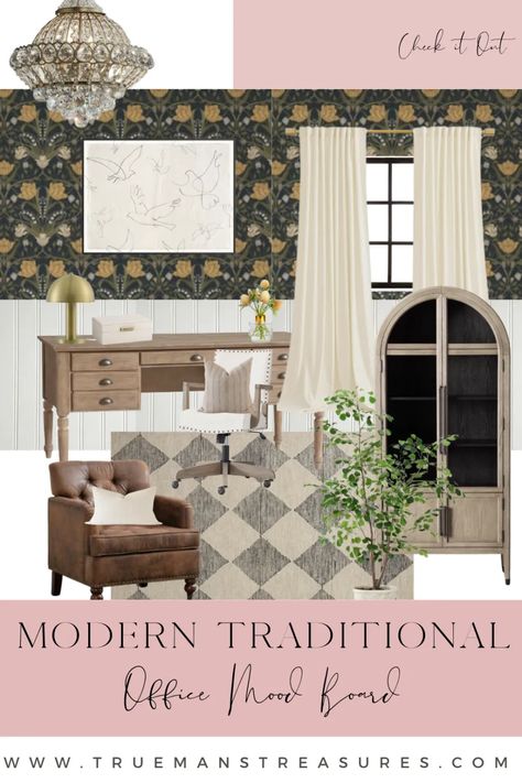 Mood Board for a modern traditional office space with dramatic wallpaper and traditional style furniture Traditional Mood Board, Modern Traditional Office, Office Mood Board, Dramatic Wallpaper, Checkerboard Rug, Statement Wallpaper, Traditional Office, Interior Designing, Traditional Furniture