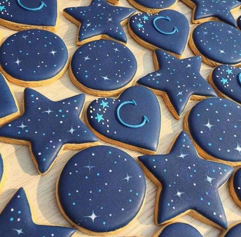 Under The Stars Cookies, Star Themed Cookies, Celestial Cookies Decorated, Starry Night Cookies, Space Decorated Cookies, Blue Cookies Decorated, Star And Moon Cookies, Moon Cookies Decorated, Star Cookie Decorating Ideas