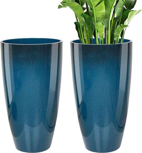 Tall Planters Front Door, Front Door Blue, Front Door Planters, Front Porch Planters, Large Outdoor Planters, Porch Planters, Planter Indoor, Plant Pot Decoration, Indoor Outdoor Planter