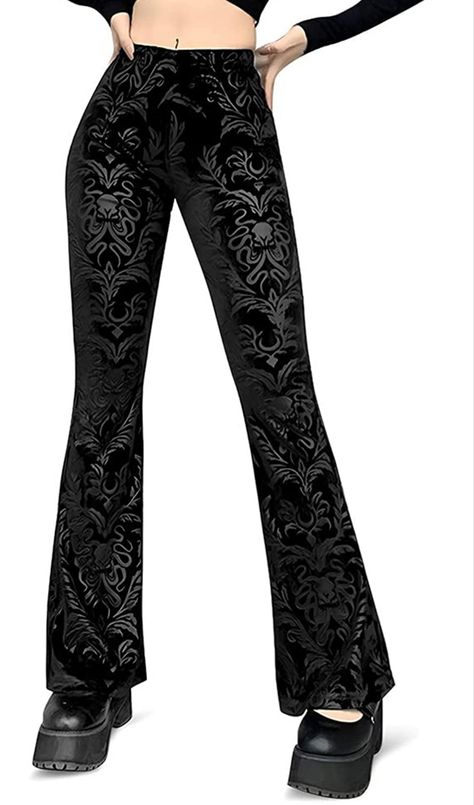 Velvety long pants with print #witchything #witchyvibes #fashion #pants #bkackpants #velvet #widelegpants #witchypants #trousers #darkwitch #witchaesthetic #darkaesthetics #witchcraft Gothic Pants, Amazon Clothing, Velvet Flare Pants, White Top Women, Velvet Flares, Velvet Trousers, Vintage Pants, Gothic Outfits, Floral Pants