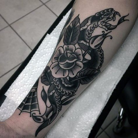 Old School Mens Snake And Rose Flower Shaded Inner Forearm Traditional Tattoos Flowers Tattoo Forearm, Snake And Rose Tattoo, Traditional Tattoo Artwork, Black Snake Tattoo, 8 Tattoo, Traditional Snake, Cover Up Tattoos For Men, Traditional Snake Tattoo, Traditional Black Tattoo