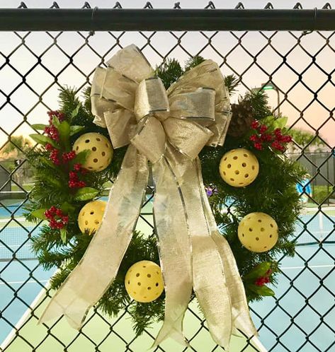 Nothing better than a pickleball wreath! Just wire pickleballs, sprigs of holly and a bow onto a pre-made wreath from Hobby Lobby or Michael's. Pickleball Christmas Wreath, Pickleball Wreaths, Pickleball Wreath, Ball Wreath, Special Events Decor, Presents For Mom, Christmas Party Decorations, Pickleball, Wreath Crafts