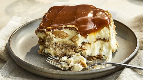 Caramel Apple Eclair Cake Recipe | Allrecipes Apple Eclair Cake, Apple Eclair, Eclair Cake Recipes, Lemon Icebox Cake, Crispy Chocolate Chip Cookies, Eclair Cake, Chocolate Graham Crackers, Wafer Cookies, Icebox Cake