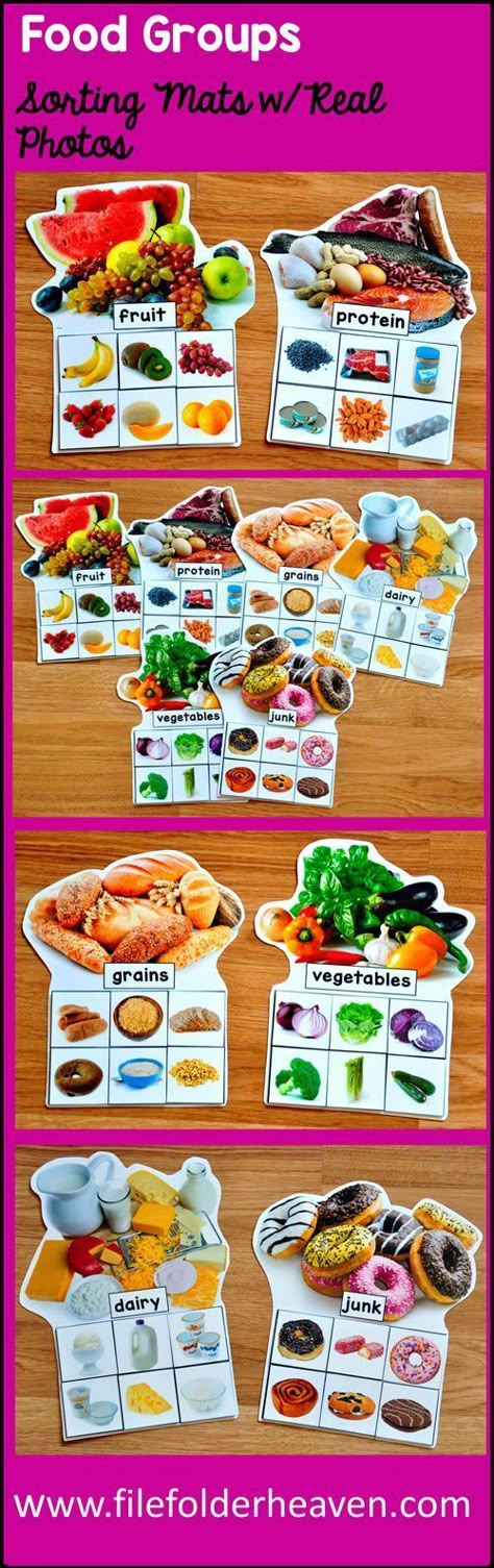 These Food Groups Sorting Mats With Real Photos include 6 unique sorting mats that focus on identifying the 5 food groups with a junk food themed bonus mat. (Please see preview photos for details.) At an independent workstation, center or language group, students complete the following sorting and classification activities. Sorting Fruit Sorting Vegetables Sorting Meat/Protein Sorting Grains Sorting Dairy Sorting Junk Food Vegetables Activities, 5 Food Groups, Healthy Food Activities, Sorting Mats, Nutrition Activities, Food Activities, New Fruit, Food Groups, Sorting Activities