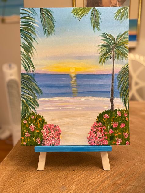 Canvas Painting Ideas Beach Easy, Preppy Beach Painting Ideas, Painting Ideas On Canvas Beach Theme, Painting Ideas Hawaii, Hawaiian Flower Painting, Hawaii Painting Easy, Paint Scenery, Hawaiian Sunset Painting, Diy Canvas Art Easy