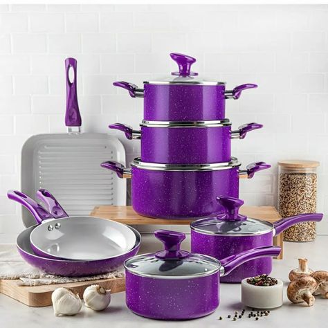 Kitchenwares n beyond on Instagram: “1000Ghs this 13-pc. cookware set from Granite Stone Diamond features an ultra-nonstick coating that's safe for metal utensils. The pots…” Purple Kitchen Accessories, Ceramic Cookware Set, Large Fries, Purple Home Decor, Purple Kitchen, Nonstick Cookware Sets, Small Fry, Ceramic Cookware, Purple Home