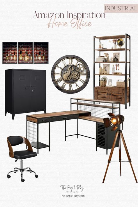 Steam Punk Office Ideas, Urban Office Design Industrial Style, Industrial Design Home Office, Feminine Industrial Office, Industrial Style Home Office, Steampunk Office Ideas, Industrial Home Office Ideas, Home Office For Him, Industrial Office Ideas