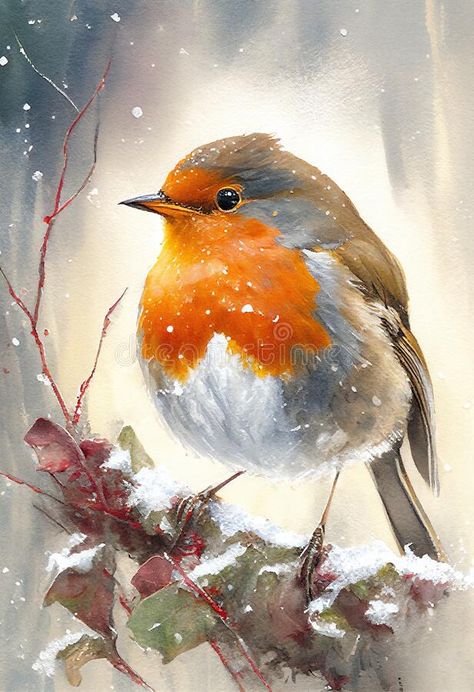 Christmas Robin Painting, Watercolour Robin Christmas, Experimental Watercolor, Outdoors Background, Robin Watercolour, Watercolor Christmas Art, Snow Nature, Winter Foliage, Christmas Robin