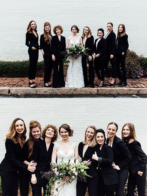 Who said your bridesmaids had to be wearing dresses? |photos by Mary Claire Photography Bridesmaid In Suits, Black Bridesmaid Outfits, Tomboy Bridesmaid, Bridesmaids In Suits, Black Bridesmaids Dresses Mismatched, Mismatched Bridesmaid Dresses Black, Black Mismatched Bridesmaid Dresses, Bridesmaids Suits, Bridesmaid Suit