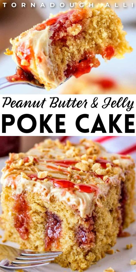 Fluffy Peanut Butter Frosting, Fancy Cooking, Birthday Cake Decorating Ideas, Poke Cake Recipes, Poke Cakes, Jelly Cake, Peanut Butter Frosting, Peanut Butter Desserts, Cake Decorating Ideas