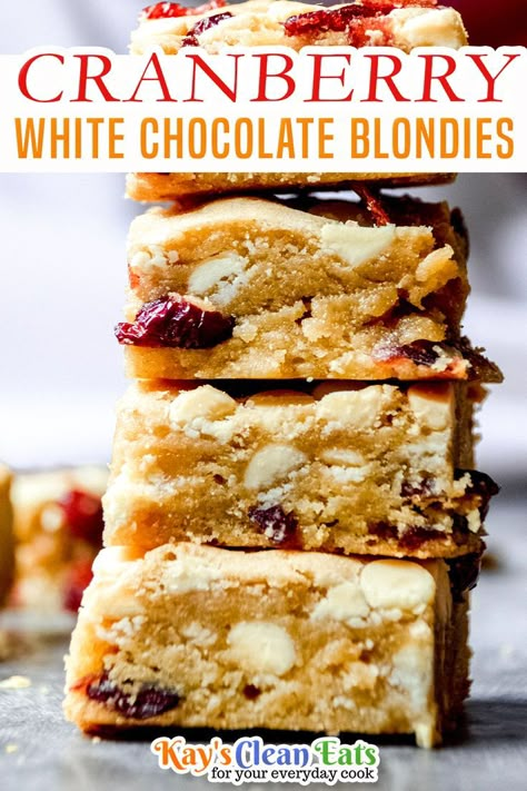 These Cranberry White Chocolate Blondies are so moist and delicious. Loaded with white chocolate and cranberries these soft and chewy blondies are perfect for the holidays. Cranberry White Chocolate Blondies have the perfect moist center with the best crispy edges. These sweet treats will be the star of any holiday party. I used light brown sugar and it gives them that perfect chewy factor. Think of these as brownies fraternal twin sister, the same inside but different outsides! | @kayscleaneats White Chocolate Cookie Bars, White Chocolate Blondies Recipe, Chocolate Blondies Recipe, Chewy Blondies, Cranberry White Chocolate, Chocolate Blondies, Cranberry Bars, White Chocolate Brownies, Paleo Chocolate Chip Cookies