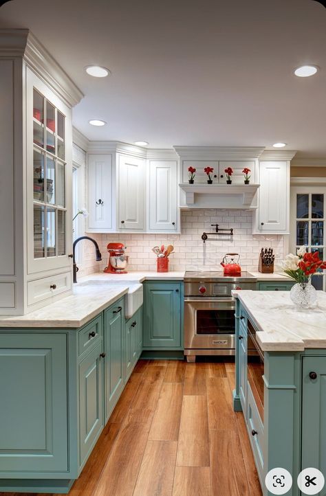 Bluish Green Cabinets Kitchen, Aqua Green Kitchen Cabinets, Light Teal Cabinets Kitchen, Two Tone Teal Kitchen Cabinets, Multi Colored Kitchen Cabinets Ideas, Cute Kitchen Colors, Blue Or Green Kitchen Cabinets, Kitchen With Multiple Color Cabinets, Sea Foam Blue Kitchen