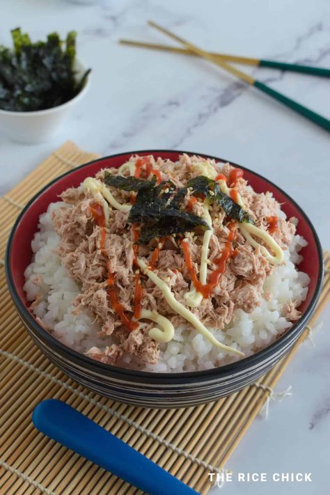 Korean Tuna Rice Bowl - The Rice Chick Korean Tuna Rice Bowl, Korean Tuna Rice, Tuna Rice Bowl, Meal Prep Lunches, Bibimbap Bowl, Tuna Rice, Korean Chili Paste, Healthy Rice, Fresh Tuna