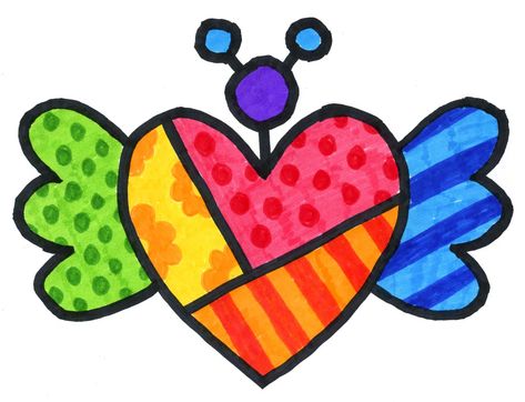 How to Draw Geometric Hearts Like Romero Britto Romero Britto Art, Snoopy Drawing, Britto Art, Valentines Day Drawing, Drawing Lessons For Kids, Geometric Heart, Easy Art Projects, Balloon Dog, Art Curriculum