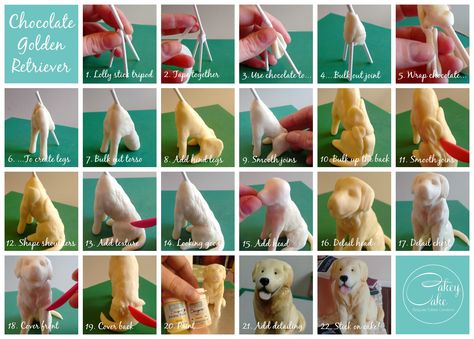 Edible golden retriever cake topper tutorial by #cakeycake Golden Retriever Cake Topper, Golden Retriever Cake, Dogs Cake, Fondant Dog, Clay Dog, Dog Cake Topper, Fondant Animals, Cake Topper Tutorial, Animal Cakes