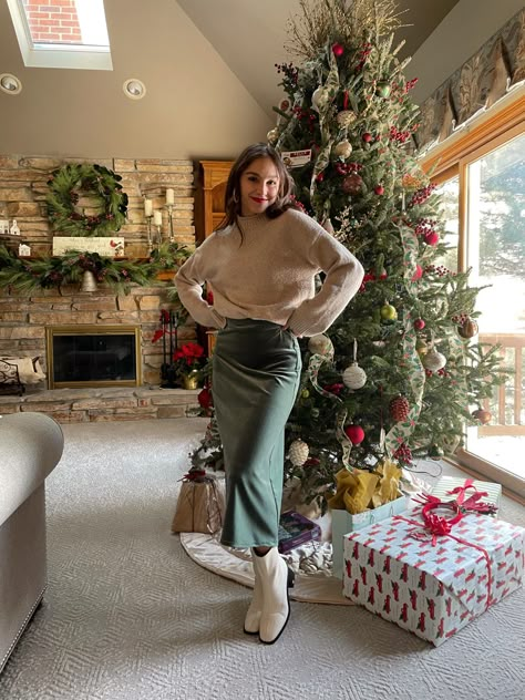 Silk Skirt Sweater Boots Outfit, Christmas Midi Skirt Outfit, Christmas Outfit Skirt And Sweater, Silk Skirt Outfit Christmas, Boots And Midi Skirt Outfit, Tea Time Outfit Winter, Winter Sweater Skirt Outfit, Midi Skirt With Sweater Outfit, Sweater And Silk Skirt Outfit