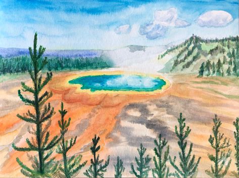 Watercolor     Yellowstone Yellowstone Watercolor Paintings, Yellowstone Drawing, Yellowstone Watercolor, Yellowstone Painting, Grand Prismatic, Step By Step Watercolor, Gray Wall, Grey Wall Art, Christmas Painting