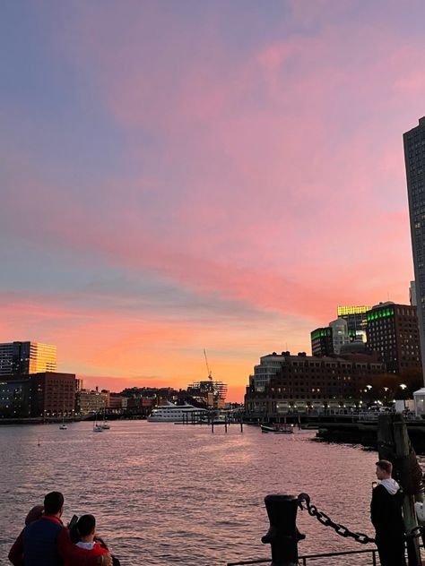 sunset over the boston harbor. there are many colors including pink, purple, orange, blue, and yellow. Boston Harbor Aesthetic, Boston Life, Boston Living, Boston Aesthetic, American Aesthetic, Boston Vacation, 2023 Mood, Life After College, Moving To Boston