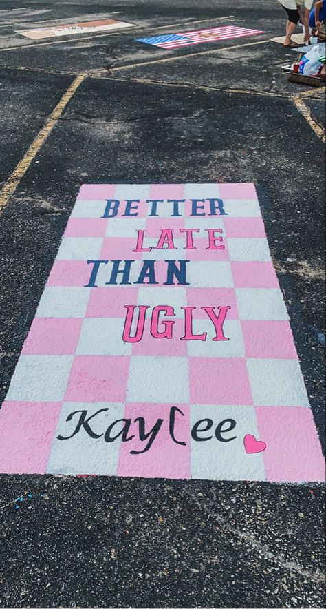 Super cute girly parking spot idea 💓✨🤍 Parking Spot Inspiration, Car Parking Paint Ideas, Parking Spot Painting Matching, Senior Parking Spaces Girly, Senior Parking Spot Girly, Grad Parking Spot Ideas, Duo Senior Parking Spots, Better Late Than Ugly Parking Spot, Girly Parking Spot Painting