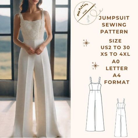 Palazzo Full Jumpsuit Sewing Pattern - PDF Sewing Pattern Instant Download - Easy Digital PDF - US Sizes 2-30 - Plus Size Jumpsuit Sewing Pattern, Crop Top Sewing Pattern, Jumpsuit Sewing, Unique Sewing Patterns, Basic Dress Pattern, Farm Vintage, Jumpsuit Pattern Sewing, Plus Size Patterns, Plus Size Sewing