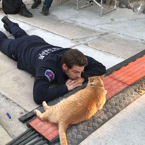 Maybe they really do rescue cats sometimes 🤔 #Station19 #caturday @greydamon Grey Damon Station 19, Station 19 Aesthetic, Dream Prompts, Theo Aesthetic, Jay Hayden, Grey Damon, Unsleeping City, Bts Station, Firefighter Emt