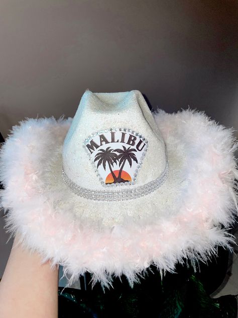 White Diy Cowboy Hat, Malibu Hat Diy, Custom White Cowboy Hat, Malibu Rum Halloween Costume, Casamigos Halloween Costume, Malibu Rum Cowboy Hat, Malibu Alcohol Costume, Malibu Rum Costume, Alc Cowboy Hats