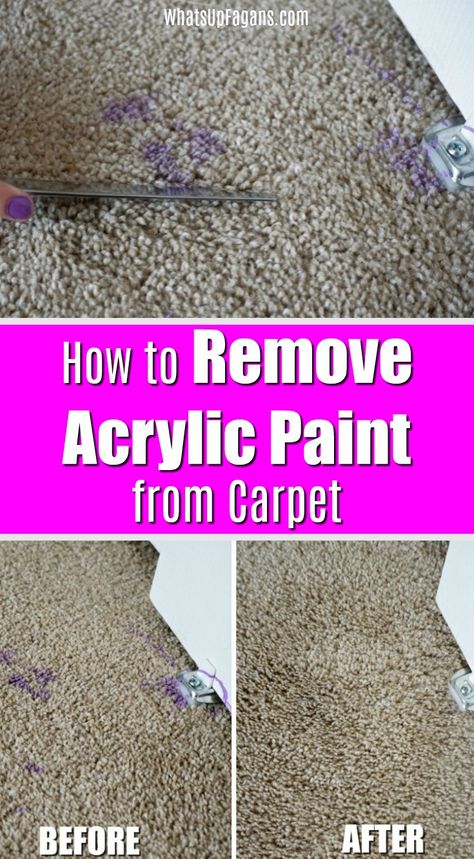 The Simplest Way How to Remove Acrylic Paint from Carpet: Oh no! Need to know how to remove acrylic paint from carpet? Here are the best tips and ideas to help you remove acrylic paint from carpet. I don't know where we got these acrylic paints from, or how, in like the first month of us being in our new rental home, they ended up on the carpet, but so it was - purple acrylic paint on our carpet in our brand new rental house. I was pretty mad as we'd really like to keep that rental deposit! But, Remove Paint From Carpet, Remove Acrylic Paint, Homemade Toilet Cleaner, Remove Acrylics, Clean Baking Pans, Remove Paint, Hardwood Floor Cleaner, Cleaning Painted Walls, Home Cleaning Tips