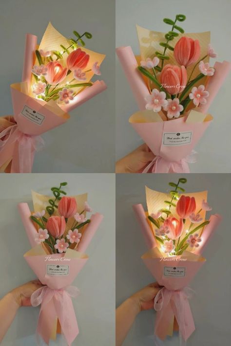 Lovly and sweet pink flower bouquet of tulip and daisy for a romantic date Table Flower Centerpieces, Tulips And Daisies, Fuzzy Wire, Clean Flowers, Pink Flower Bouquet, Diy Bouquet Wrap, Pipe Cleaner Flowers, Flower Bouquet Diy, Seni Dan Kraf