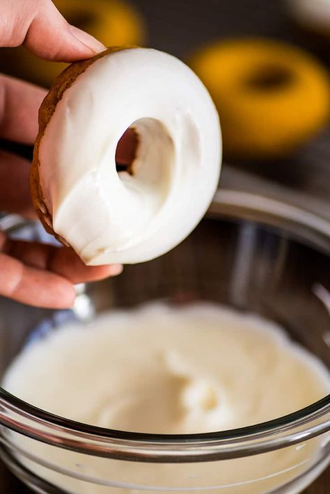 Pumpkin Donuts With Cream Cheese Glaze are the perfect easy fall breakfast! | #cozy | #fall | #pumpkin | #creamcheese | Pumpkin Donuts Baked, Easy Fall Breakfast, Donut Icing, Pumpkin Donuts Recipe, Donut Calories, Doughnut Recipe Easy, Mini Donuts Maker, Pumpkin Doughnut, Easy Donut Recipe