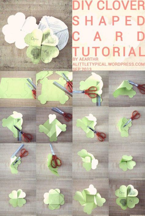 diy-clover-card-tutorial-alittletypical Clover Origami, Origami Birthday Card, Clover Card, Origami Card, Advance Happy Birthday, Diy Dreamcatcher, Origami Christmas Tree, Cupcake Birthday Cards, Origami Tutorial Easy