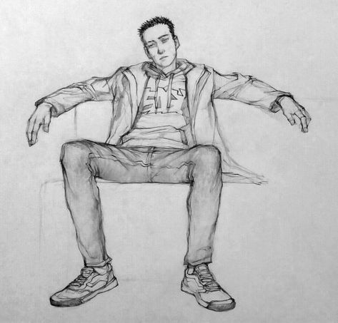 #drawing #art Guy Squatting Pose Drawing, Man Sat Down Reference, Pants Sitting Reference, Anime Guy Sitting On Chair, Man Sitting In Chair Drawing, Sitting Down Drawing Reference, Man Spreading Drawing Reference, Man Sitting Drawing, Sitting Pose Reference Drawing