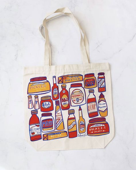 Condiments Canvas Tote Bag – ban.do Staple Condiments, Butter Nyc, Tote Bag Illustration, Olive Sauce, Plastic Charms, Cute Coin Purse, Collage Painting, Grocery Tote Bag, Painted Tote