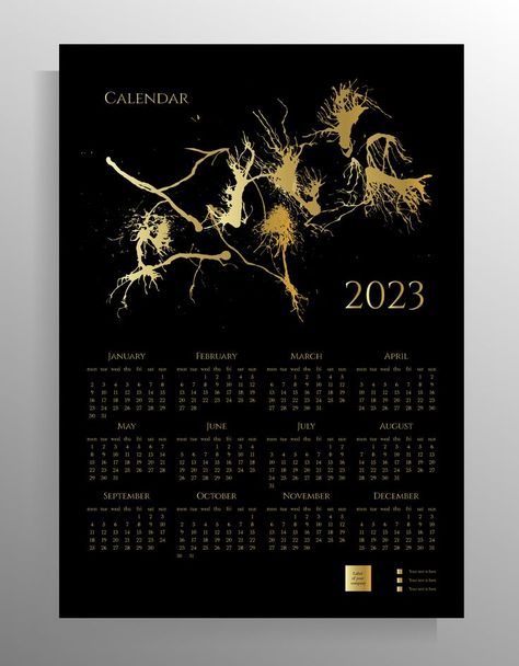 Wall calendar for 2023 for 12 months. Strict design layout of a poster, and flyer. Color black with gold. Vector illustration. Wall Calendar Design Layout, Calendar Design Layout, Calendar For 2023, Wall Calendar Design, Gold Vector, Design Black Gold, Calendar Design, Design Layout, Wall Calendar