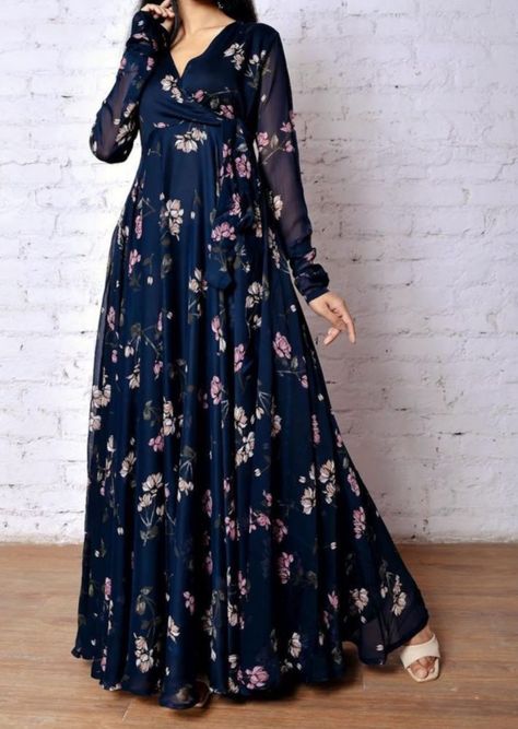 Chiffon Long Frocks, African Attire Dresses, Navy Blue Floral Dress, Bride Photos, Floral Frocks, Long Gown Design, Simple Frocks, Gown Suit, Dress Models