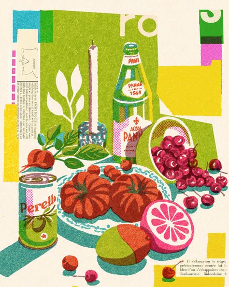 collage still life cherries and tomatoes | jovaney hollingsworth Collage Still Life, Risograph Illustration, Veggies And Fruits, Posca Art, Riso Print, Soyut Sanat Tabloları, Risograph Print, Branding Identity, Illustration Fashion